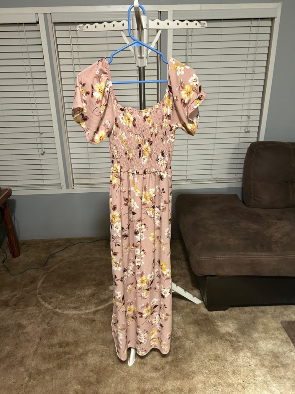 Floral Puff-Sleeve Maxi Dress in Dusty Rose